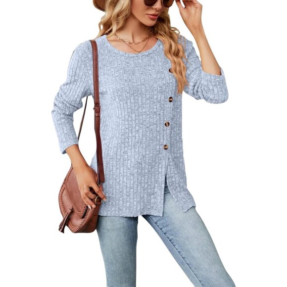 Women Long Sleeve Lightweight Tunic Sweater Fashion Button Side Slit - Picture 4 of 5